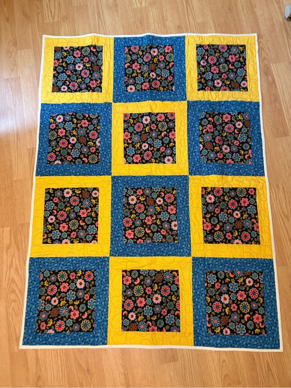 Handmade Floral Patchwork Quilt Blue Yellow Home Bedding Cottagecore Shabby Chic